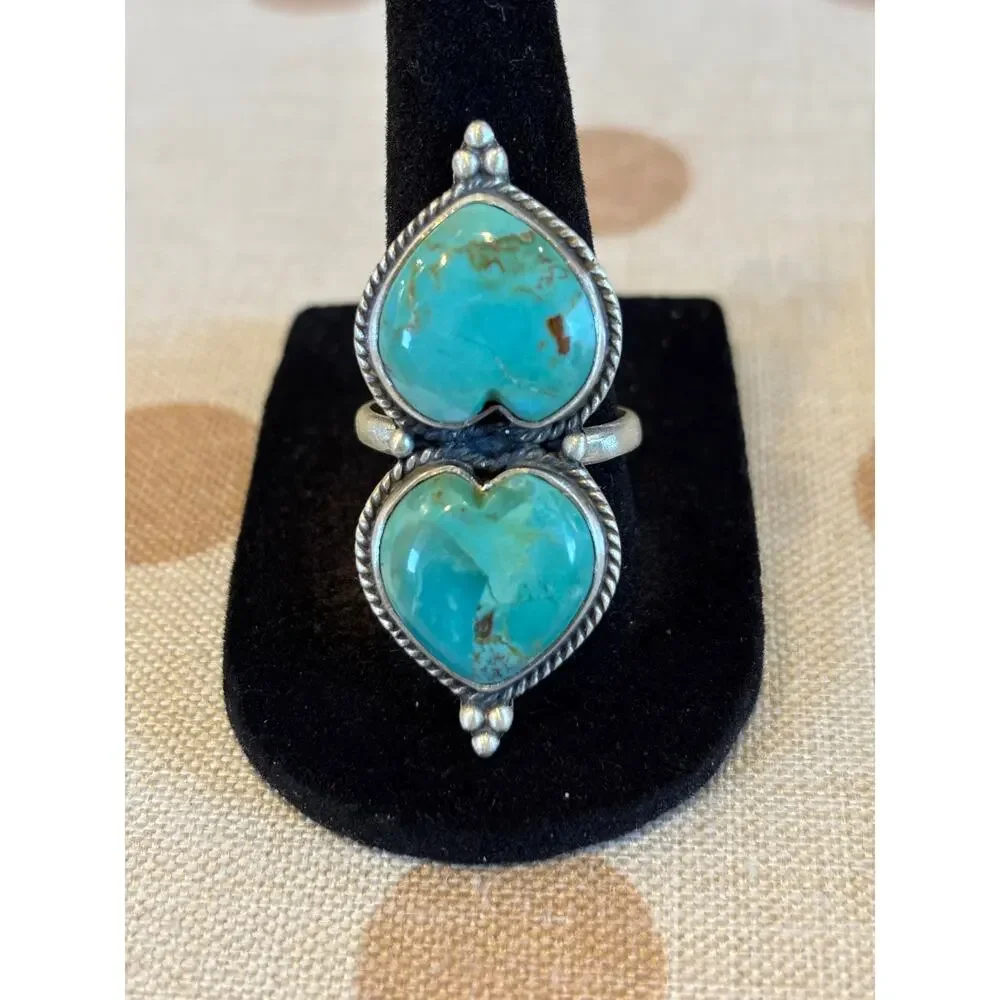 Large Double Heart Kingman Mojave Turquoise Sterling Silver Statement Ring